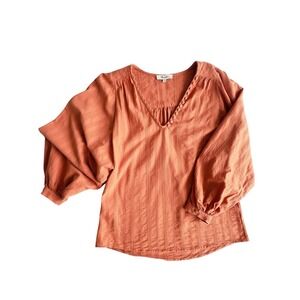 Madewell Balloon Sleeve Dobby Stripe V-Neck Blouse Terracotta Orange XS